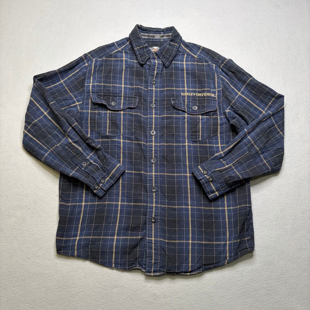 Harley-Davidson Plaid Button Up Shirt‎ Men’s Medium Blue Yellow Cotton Vintage